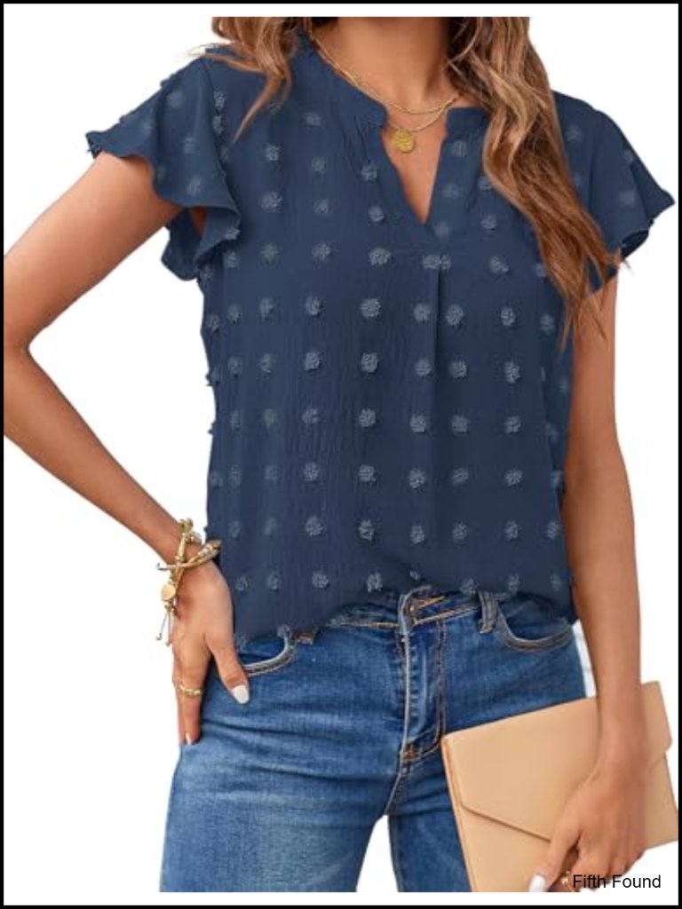Swiss Dot Blouson Tunic Blouse V Neck Short Sleeve Casual Work
